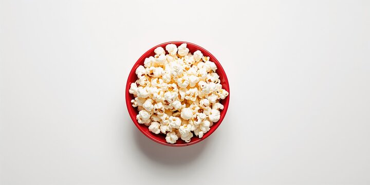 Red bowl filled with popcorn seen from above, suitable for layout backgrounds