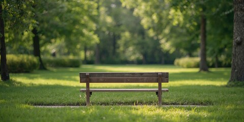 Wooden bench positioned in a lush park setting with surrounding bushes and trees on a bright summer day, outdoor relaxation and natural scenery, summer