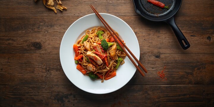 Udon stir fry featuring meat or chicken and vegetables on a white plate with chopsticks, highlighting Asian cuisine presentation