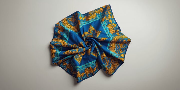 Flatlay of vibrant blue and yellow African wax cloth with intricate print designs, used for cultural textiles or interior decor, World Textile Day