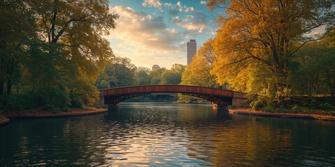 Trees and bridge at dusk in Central Park, New York, urban park environment during evening lighting