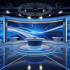 Modern high-tech television studio set featuring a sleek anchor desk and dynamic digital screen, perfect for professional broadcast and live media events