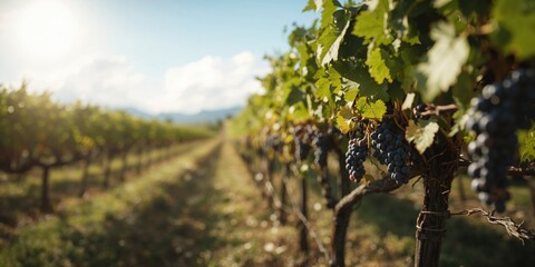 Obraz premium Dark grape clusters growing in a vineyard, highlighting sustainable cultivation practices for wine production