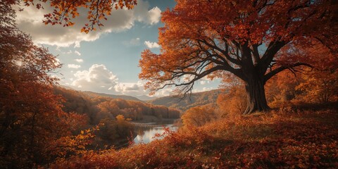 Fototapeta premium Landscape with vibrant fall foliage, highlighting the beauty of autumns natural palette