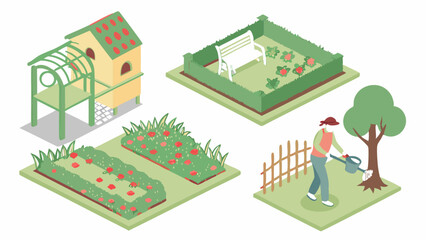 Isometric Home Gardening Elements Set with Greenhouse Shed Raised Beds and Person Watering Tree for Sustainable Outdoor Living Hobby and Eco-Friendly Design