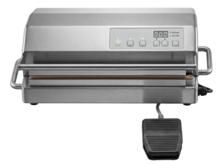 Durable semi-automatic vacuum sealer with foot pedal for industrial food processing.