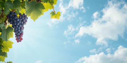 Obraz premium Grapevine with leaves under bright summer sky, textured backdrop for nature-themed design