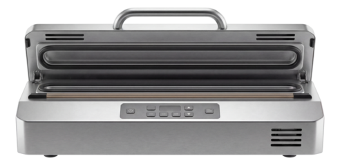 Semi-automatic vacuum sealer with dual bars for enhanced efficiency in packaging.