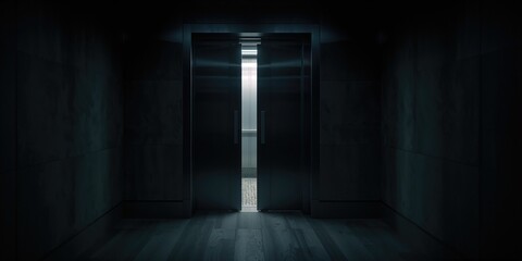 Stuck elevator with open door revealing inner mechanisms, highlighting repair safety precautions