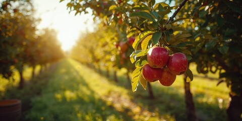 Fototapeta premium Fresh apples on a tree in an orchard, highlighting harvest preparation and fruit ripening process