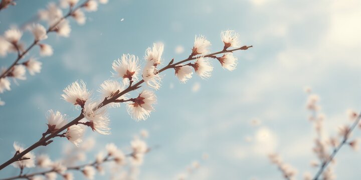 Willow branches bearing catkins against a bright blue sky, seasonal bloom scene