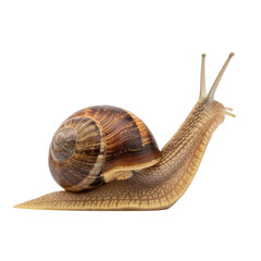 Close-up of a detailed snail with textured shell and extended eye stalks isolated on transparent