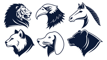 Strong Animal Head Logos Vector Set: Lion, Eagle, Horse, Wolf, Dog, Bear. Ideal for Sports Team Mascots, Corporate Branding, and Business Identity Design.
