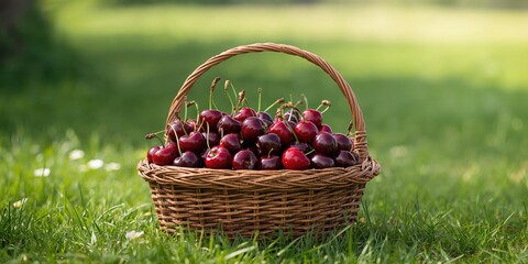 Fresh berries and cherries in a wicker basket, suitable as a natural fruit display for market stalls