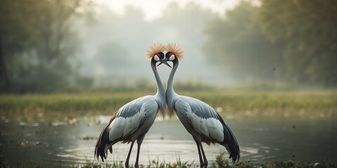 Fototapeta premium Sarus Crane, the tallest flying bird, soaring over lush wetlands, highlighting avian species and habitat preservation
