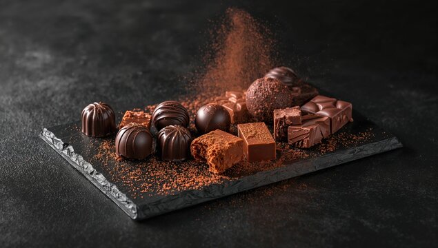 Luxury assorted chocolates set against a dark backdrop for romantic presents, Valentine's Day