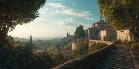 Naklejka premium Scenic overlook of a convent's garden, highlighting historical architecture and natural greenery, Earth Day