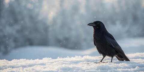 Obraz premium Closeup of a common Raven with glossy black feathers, natural plumage, environmental conservation awareness