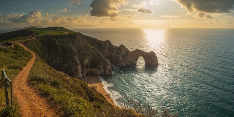 Obraz premium Coastal fishermen's path with rugged cliffs in Alentejo, outdoor recreation setting
