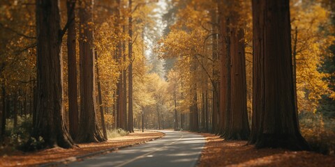 Obraz premium Redwood trees bordering a city sidewalk, serving as natural shade and landscape feature