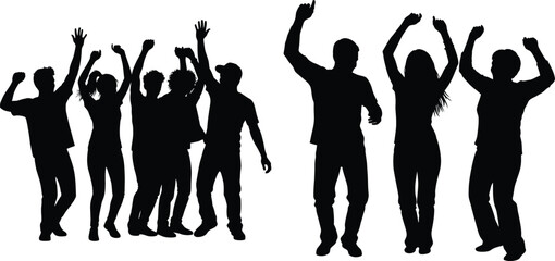Cheering crowd silhouette with raised hands in the air, party celebration, event design