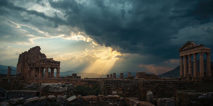 Ancient Troy ruins under storm clouds, highlighting erosion and weather effects