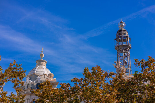 The Edificio de Correos y Tel grafos Central Post Office in Valencia is a grand eclectic building from 1922. Its iconic metallic telecommunications tower stands 30 meters high, crowning a facade