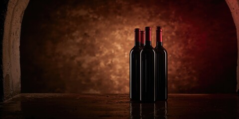 Obraz premium Stacked red wine bottles on a rack with warm lighting for bar storage, wine preservation techniques