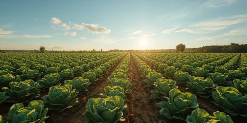 Juicy cabbage crop in early harvest stage cultivated in straight rows on farmland, emphasizing sustainable farming practices
