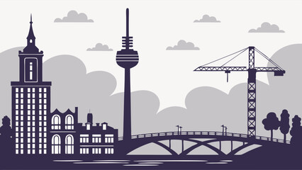 Obraz premium Urban Skyline Silhouette with Crane and Bridge for City Development, Construction, and Real Estate Marketing Projects