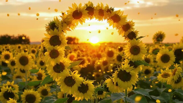 Circular Arrangement of Sunflowers Against a Golden Sunset with Falling Petals sunflower wreath