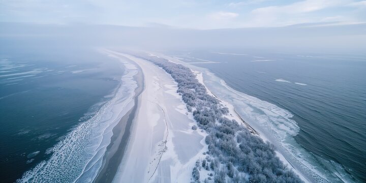 Winter landscape of the Hel peninsula with snow and frozen Baltic Sea, highlighting erosion concerns
