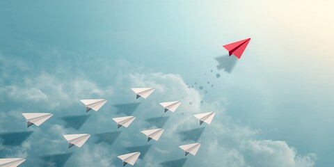 Collection of white paper planes with a single red plane oriented differently, highlighting flight paths and design, International Paper Aviation Day