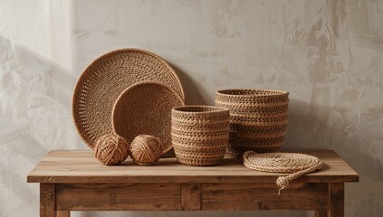 Organic jute fiber used in handmade home decor, featuring wicker baskets and jute balls on a wooden surface, highlighting sustainable materials