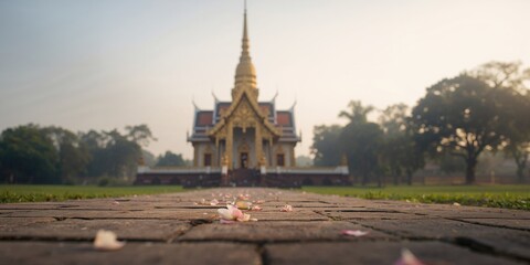 Obraz premium Traditional Buddhist temple with intricate woodwork and colorful tiles, serving as a cultural heritage site, Earth Day