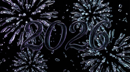 2026 New Year Iridescent Liquid Glass Calligraphy. High Quality 3D Render on Clean Grey Studio Background. Holographic Fluid Script.
