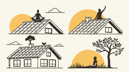 Peaceful Home Living and Mindful Wellness. People Relaxing on Roofs and Outdoors. Serenity, Self-Care, Mental Health, Nature Connection, Balance.