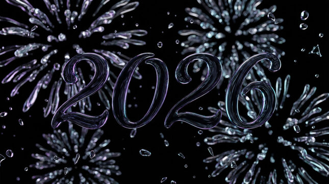 2026 New Year Iridescent Liquid Glass Calligraphy. High Quality 3D Render on Clean Grey Studio Background. Holographic Fluid Script.