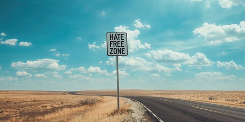 Hate free zone road sign on background, community message for tolerance and inclusion