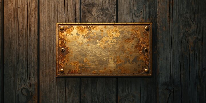 Vintage brass wall plate secured with nails, serving as a decorative industrial element