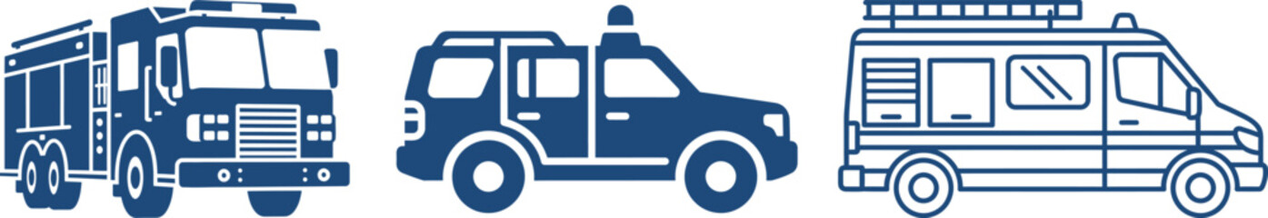 Fire Truck Police SUV and Ambulance Van Icons on White Background fire engine police SUV