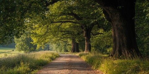 Naklejka premium Wooded private driveway lined with trees serving as a natural urban passage, Earth Day