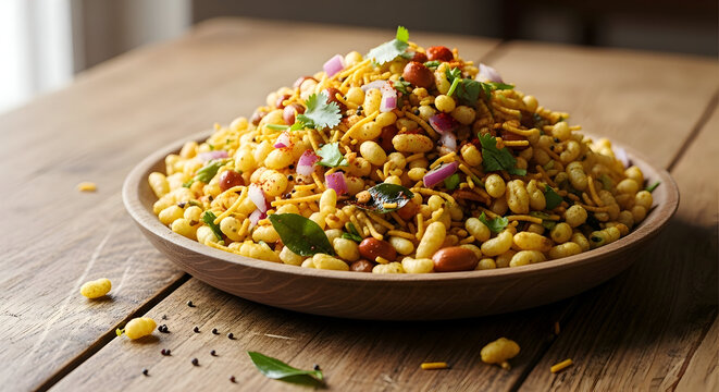 A plate of bhel puri a popular indian street food on a wooden table