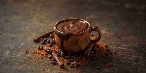 Chocolate and spices in a cup placed on a dark textured table, food styling for culinary display