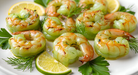 Grilled shrimp on a white plate with lemon slices and herbs