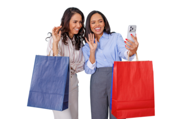 Two diverse women waving and smiling for a selfie or video call after shopping, holding bags, transparent background