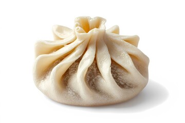 Single khinkali dumpling isolated on a white background, showcasing traditional Georgian design with twisted dough and plump filling