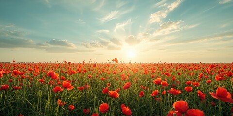 Sunlit summer scene featuring sprawling poppy meadows, natural scenery