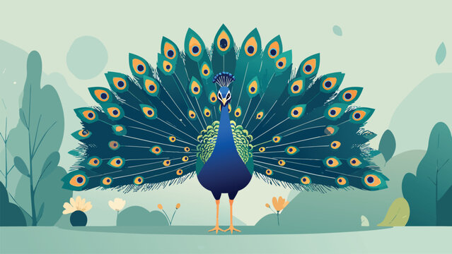 Beautiful peacock illustration with colorful feathers spread out