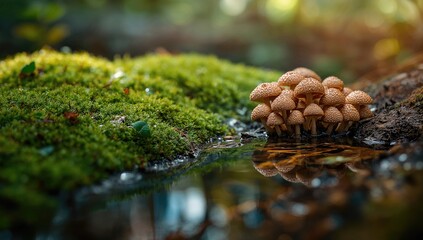 Moss with emerging mushrooms mirrored in water, illustrating ecological cycles, World Environment Day